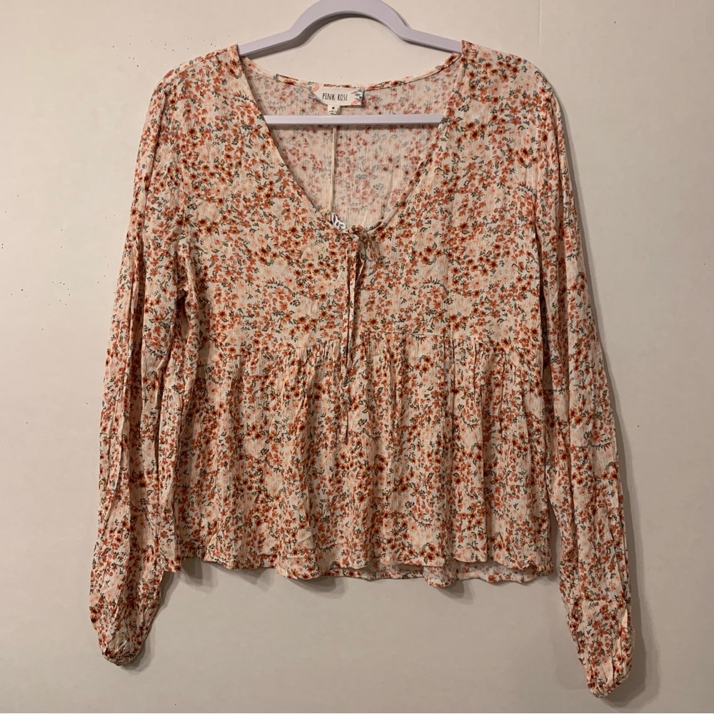Pink Rose Women’s Tie Front Long Sleeve Blouse Cream Floral Size Medium
